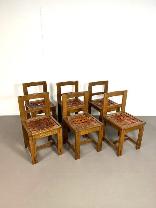 6 brutalistische Eichenstühle mit Ledersitz