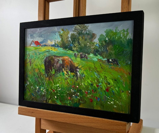 Original Oil Painting Summer Nature Landscape Cows In A Flower Field