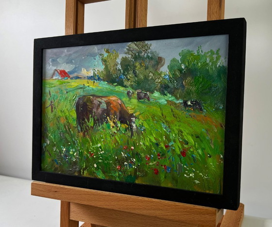 Image 1 of Original Oil Painting Summer Nature Landscape Cows In A Flower Field