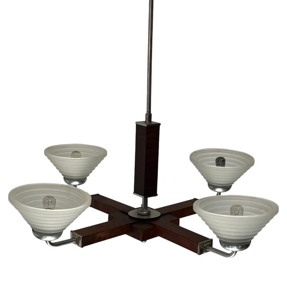 Image 1 of Lampadario Art Déco - Ca. 1930, Cecoslovacchia - Vetro satinato, impiallacciatura in noce e struttura in metallo cromato - 4 lam
