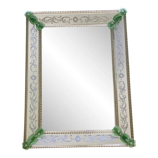 Espejo rectangular contemporáneo de cristal de Murano veneciano con tallado floral verde a mano