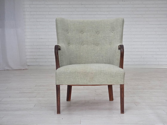 Image 1 of 1960s, Danish armchair, original light grey furniture wool, solid teak wood.