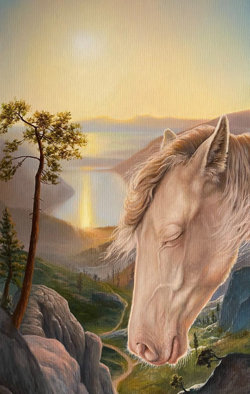 Original Oil Painting Mountain Landscape Horse Wind of Dreams – schilderijen tekeningen, Canvas (photo 2 of 7)