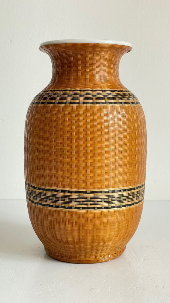 Image 1 of Vintage Woven Bamboo and Fine Porcelain Vase