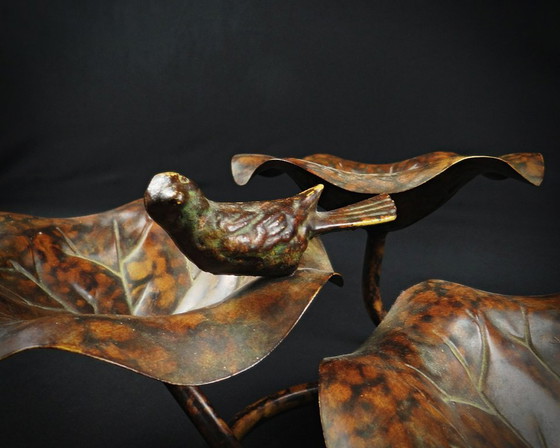 Image 1 of Birdbath in patinated metal, three-level lotus leaf form