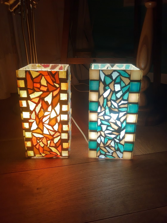 Zeldzame set handgemaakte vintage mozaïek glazen glazen lampen tafellampen vloerlampen in sfeervolle – Retro (photo 2 of 15)