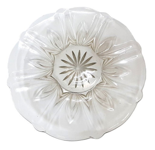 Piatto da torta decorato in vetro trasparente vintage