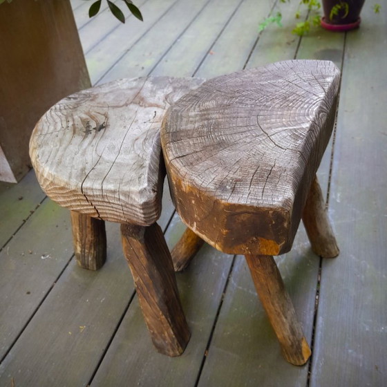 Image 1 of Pair of Brutalist tripod stools in grey pine. France, 50s