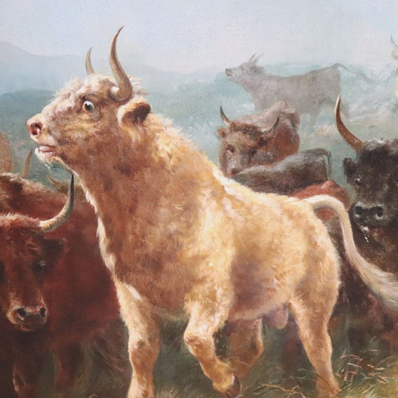 Image 1 of Large Oil Painting on Canvas, Herd of Cattle, Signed Watson W. 19th Century