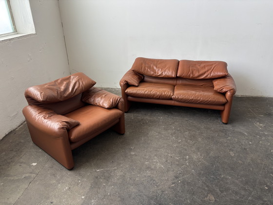 Image 1 of Cassina Maralunga Set Sofa Armchair Cognac Leather Vintage