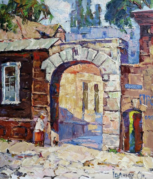 Origineel olieverfschilderij Stadsgezicht Oude Stad Straat Stad Marioepol