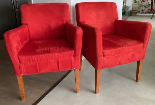 2 sedie da pranzo in legno di ciliegio con tessuto rosso