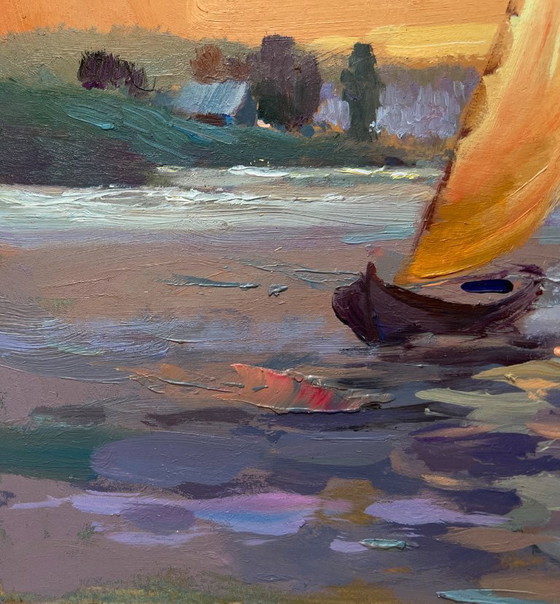 Image 1 of Original Oil Painting Sunset Sea Landscape Romantic evening swim
