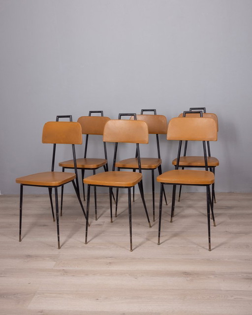 Set of 6 Vintage 1960s Metal and Leather Chairs, Italian Design