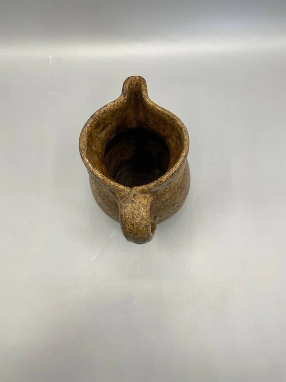Antique glazed terracotta pitcher, speckled ocher brown, French country pottery, late 19th century – Crockery (photo 4 of 5)