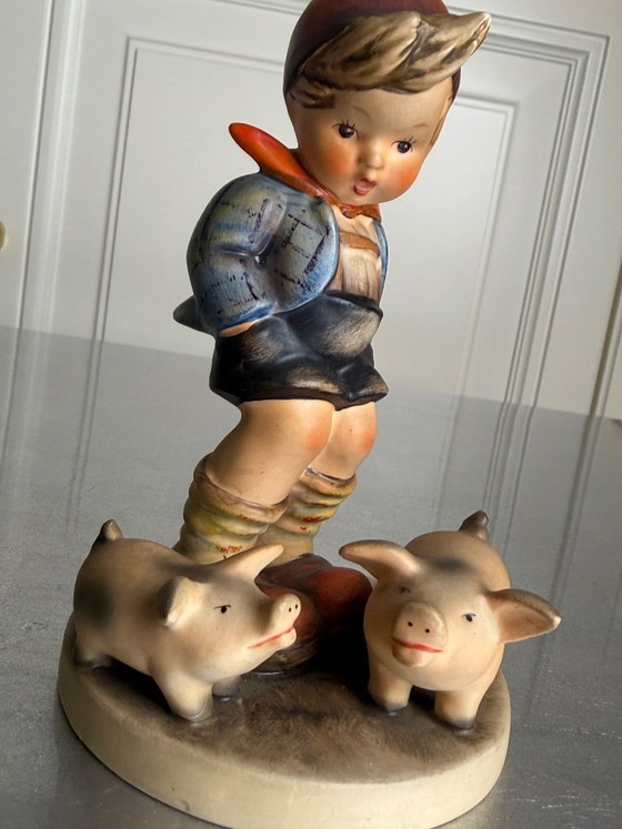 Image 1 of Original Goebel Hummel figurine "Farm Boy" (Hum 66) – boy with two pigs – Western Germany – circa 1950s/1960s