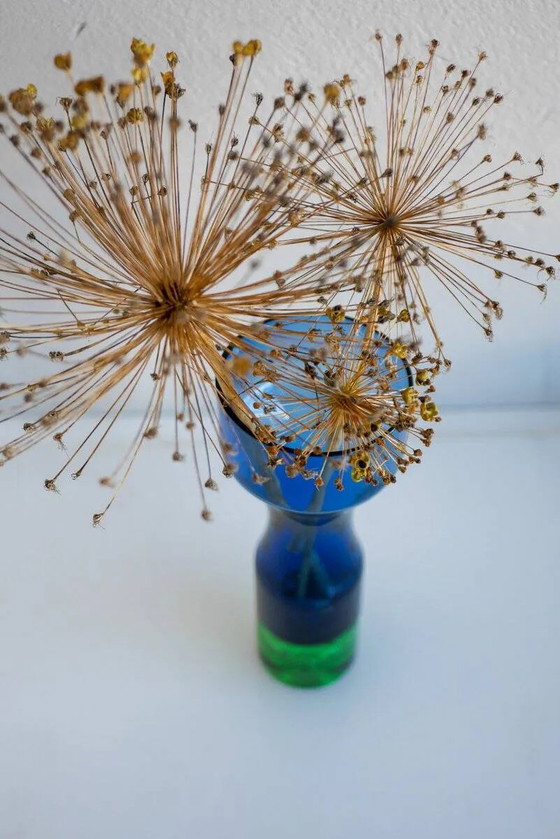 Image 1 of Mid-century modern Scandinavian bright blue and emerald green glass vase from Borgström Åseda, Sweden