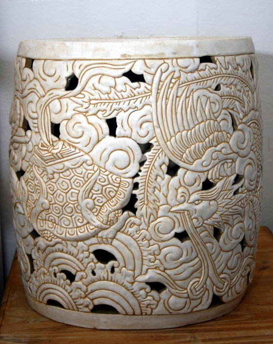 Sgabello/tavolino da giardino vintage in ceramica cinese – Traforato con drago, fenice e tartaruga – Sgabelli (photo 3 of 7)