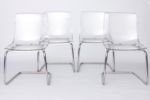 Set of 4 IKEA “Tobias” Chairs – Design by Carl Öjerstam, 1990s–2000s, Transparent Acrylic Seat, Chrome Frame, Modern Design