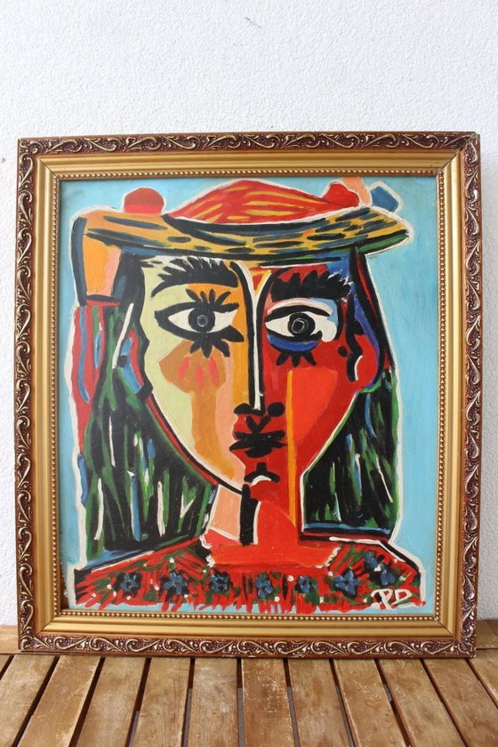 Image 1 of Ritratto a olio cubista/astratto d'epoca originale - Monogramma firmato