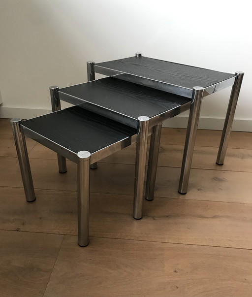 Vintage Nesting Tables In Chrome And Wood - Side Table Mimi Set '80