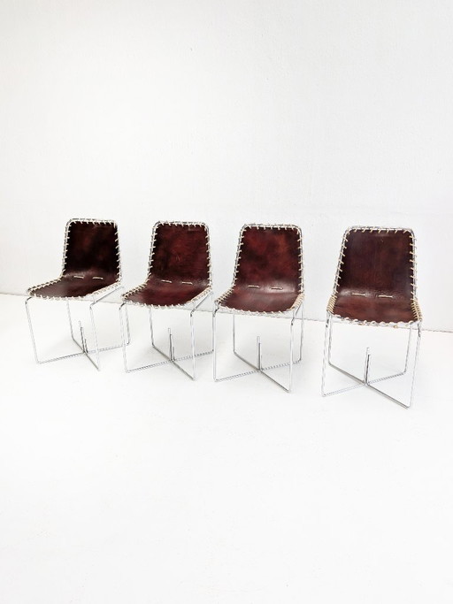Set van 4 Italiaanse Moderne Leren Sling Back Stoelen Jaren 70