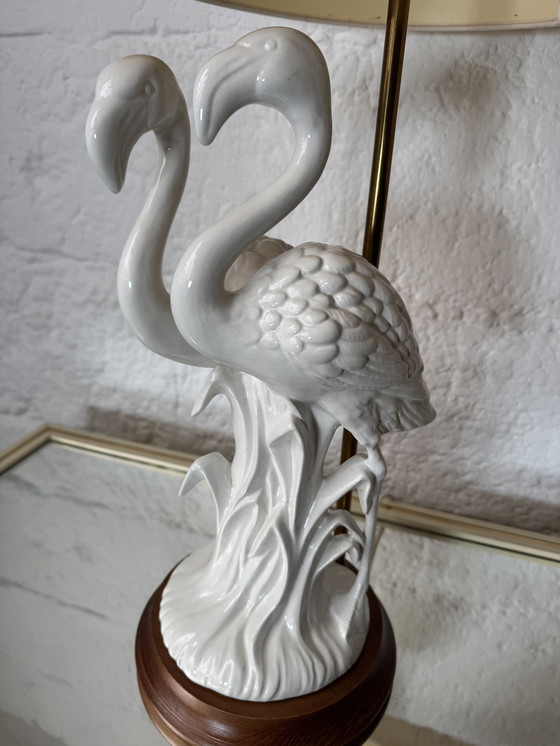 Image 1 of Lampada in porcellana con fenicotteri rosa, anni '80
