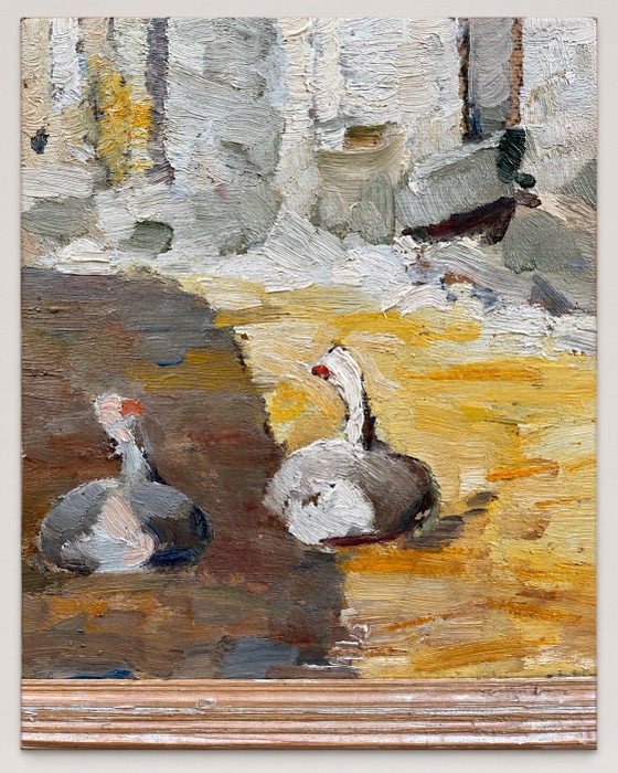 1930 French Double-Sided Oil Painting with Geese and Boat, Rustic Frame, Paintings & Drawings, Other, Wood (photo 5 of 9)