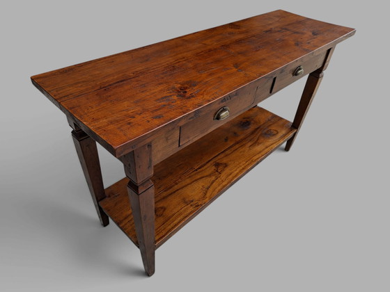 Classic Teak Sidetable, Wall Table, Console, Heavy Model, Dimensions: 140x45cm and 80cm high. – Wood, Brass (photo 3 of 5)