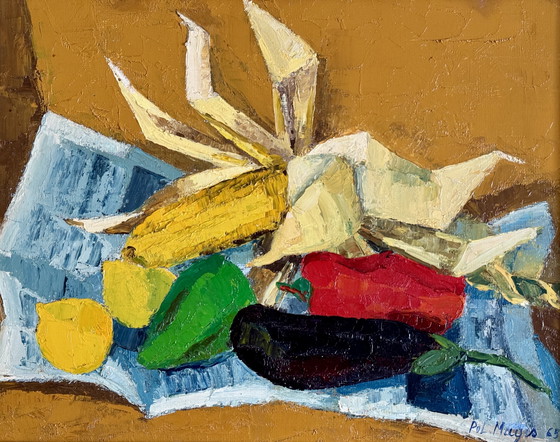 Image 1 of Pol Magis ( 1931 ) Magnifique Peinture Impressionniste «  Nature Morte Au Maïs «  De 1965