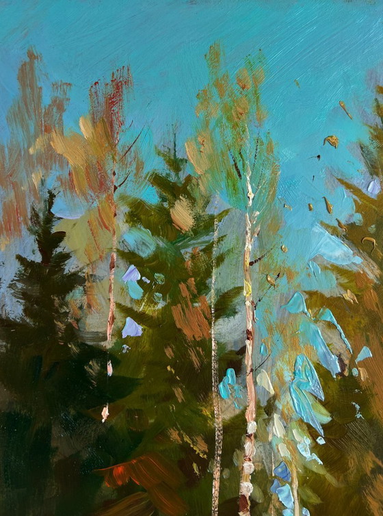 Image 1 of Original Oil Painting Snowy Trees Landscape Sunny winter forest