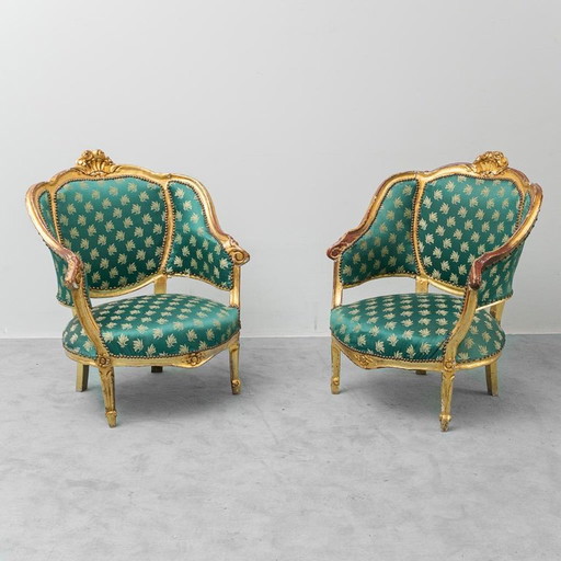 PAAR LOUIS-XV-SESSEL IN GOLD MIT VINTAGE-GRÜNEM STOFF
