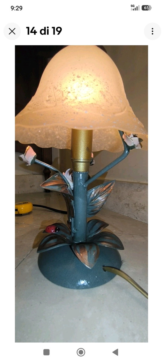 Pair of Vintage Fe Battuto Master Blacksmith Table Lamps H.28 L. – Glass, Iron (photo 12 of 15)