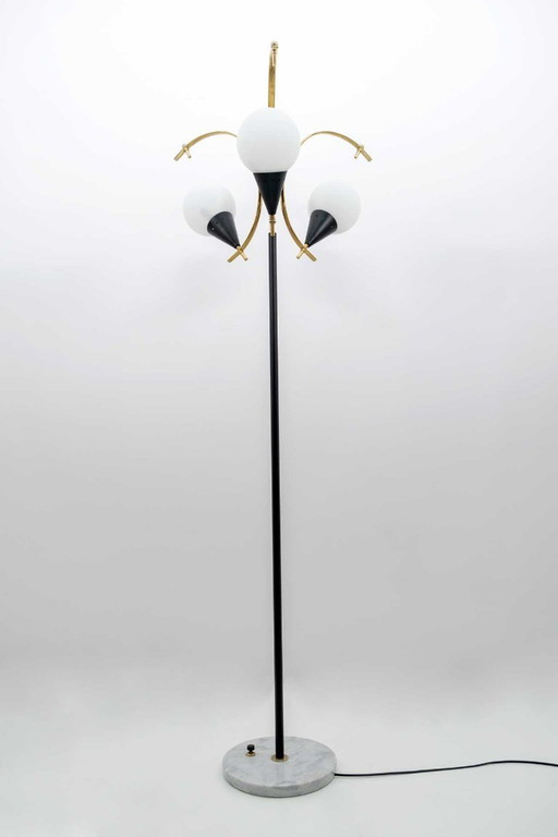 Stilnovo Mid-Century Modern Italian Brass and Opaline Glass Floor Lamp, 1950s