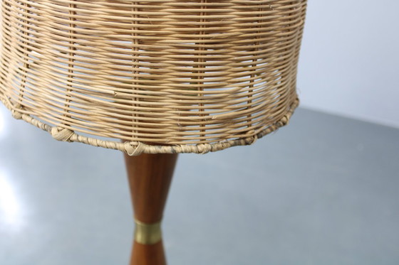 Image 1 of 1960s Parker Knoll Wooden Table Lamp with wicker shade, Britain