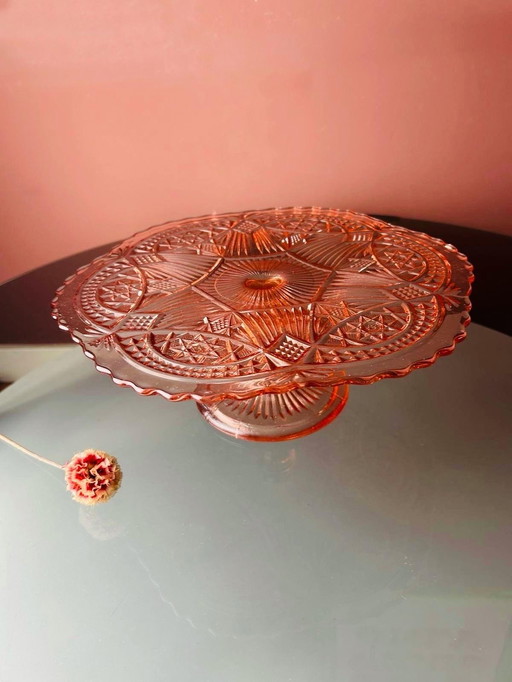 🩷PINK PRESSED GLASS CAKE PLATE🩷