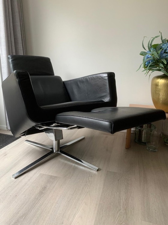 Black leather armchair with footrest, Fsm pavo, Chrome, Modern (photo 2 of 5)