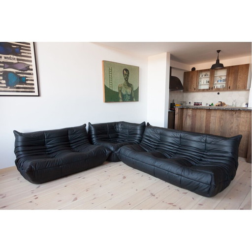 Togo vintage living room set in black leather by M. Ducaroy for Ligne Roset, France 1970