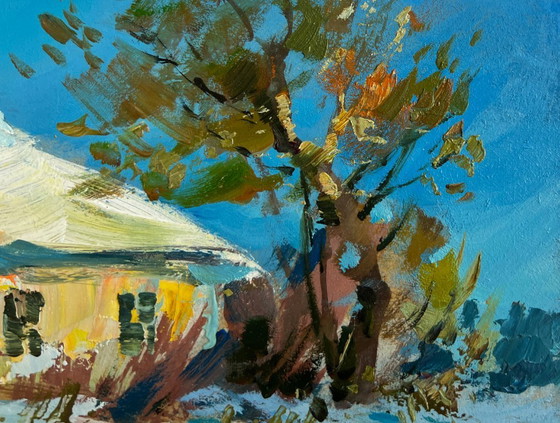 Image 1 of Origineel olieverfschilderij: Winterhuislandschap, prachtige winterochtend