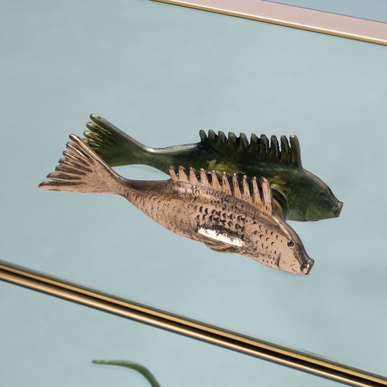 Pair Of Mid-Century Aqua Green Mirrored Glass Nightstands With Brass Fish Handle (photo 5 of 9)