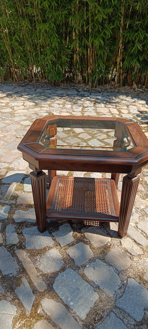 Vintage eikenhouten salontafel met facet geslepen blad