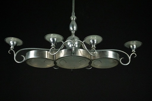 Italiaanse art deco kroonluchter in nikkel messing en mat glas, jaren 1930