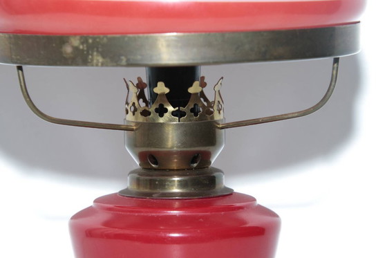 Image 1 of Petroleum lamp, red glass shade, opal glass, GDR 1970s nostalgia