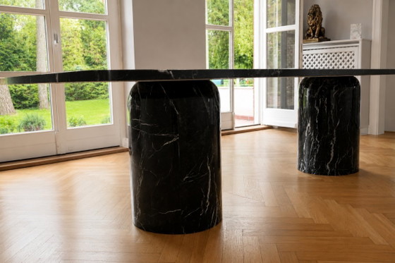 Solid Rectangular Marble Dining Table – Natural Stone Table with 2 Cylindrical Legs – Modern Dining Table, (photo 5 of 5)