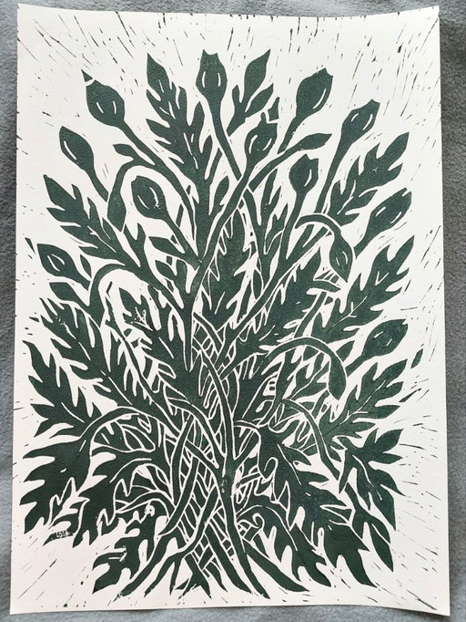 Poppy Leaves – A3 Botanical Linocut Print
