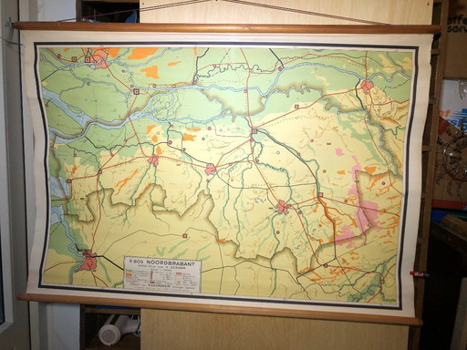 Vintage schoolplaat schoolkaart Noord-Brabant 115 x 84 Bos Noordhoff