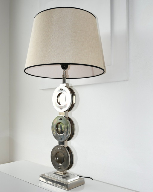 Table lamp - Metal, Steel, Boho Chic high-end polished nickel plexiglass circular disc table lamp