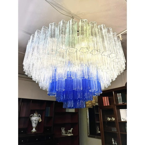 Image 1 of Luxe, grote, transparante en blauwe Murano glazen Tronchi statement kroonluchter