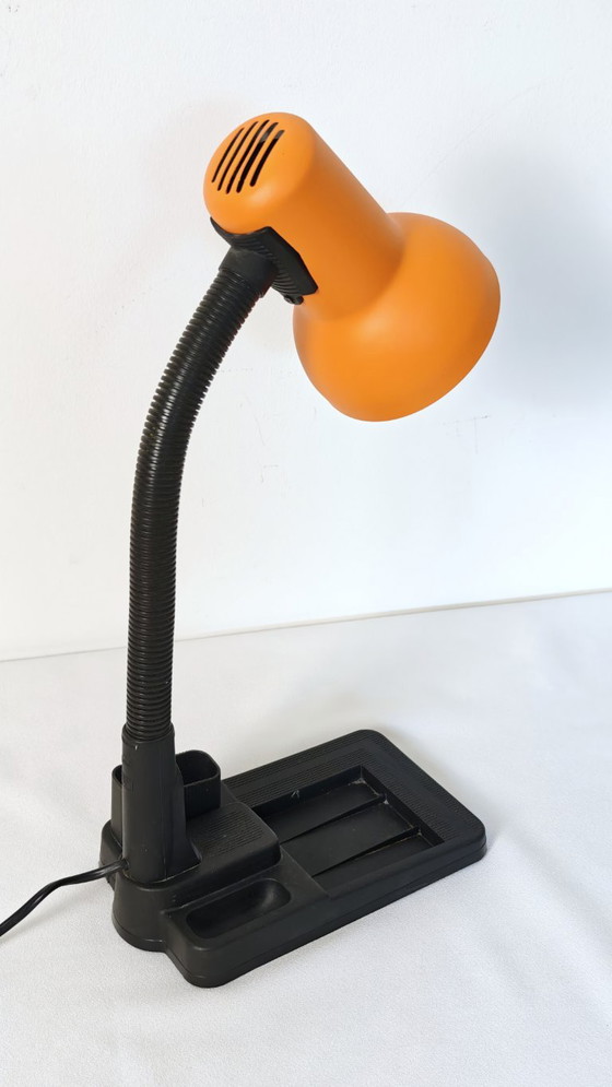 Vintage Orange Gooseneck Desk Lamp, 1990s Memphis Style Task Light, Organizer Base, Table lamps, Plastic (photo 3 of 9)