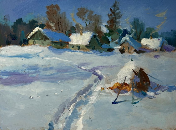 Image 1 of Original Oil Painting Winter Village Landscape Snowy path to the village